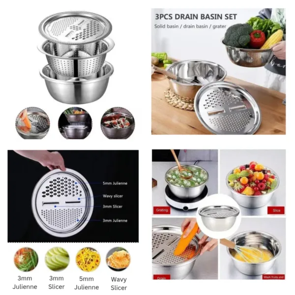 11 inch 3 In 1 Colander, Grater Strainer and Drain Basket Salad Maker Bowl