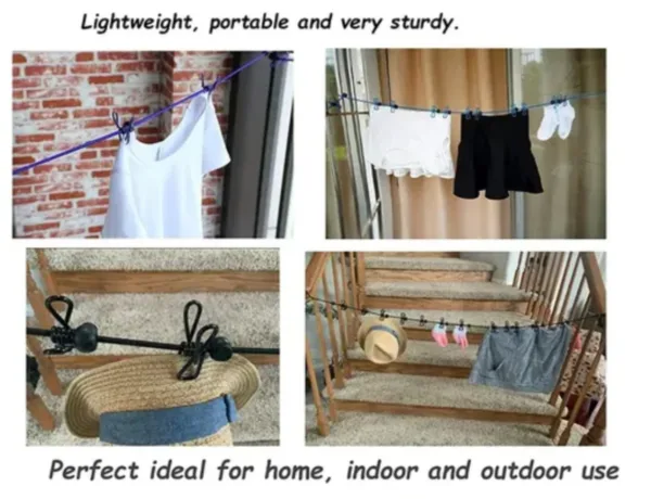 Adjustable Clothes Rope with 12 Clothespins Portable Clothesline with Clips for Outdoor Indoor - Image 4