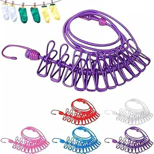 Cloth Drying Rope with Two Sided Hooks, Elastic 12 Clips Cloth Hanging Rope Non-Slip Clotheslines for Outdoor Indoor Travel Laundry Drying Hanging Clothes (Pack of 2)