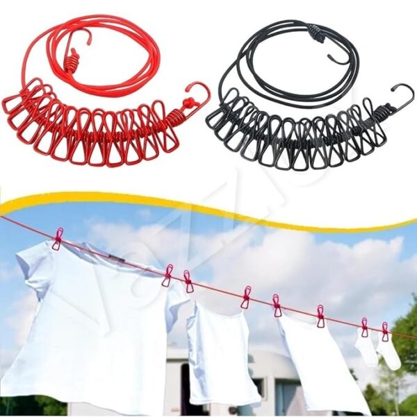 Cloth Drying Rope with Two Sided Hooks, Elastic 12 Clips Cloth Hanging Rope Non-Slip Clotheslines for Outdoor Indoor Travel Laundry Drying Hanging Clothes (Pack of 2) - Image 11
