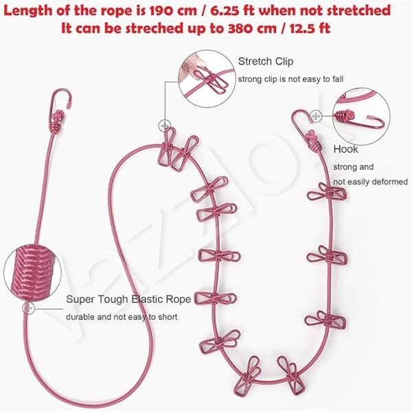 Cloth Drying Rope with Two Sided Hooks, Elastic 12 Clips Cloth Hanging Rope Non-Slip Clotheslines for Outdoor Indoor Travel Laundry Drying Hanging Clothes (Pack of 2) - Image 9