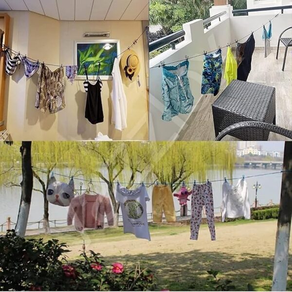 Cloth Drying Rope with Two Sided Hooks, Elastic 12 Clips Cloth Hanging Rope Non-Slip Clotheslines for Outdoor Indoor Travel Laundry Drying Hanging Clothes (Pack of 2) - Image 6