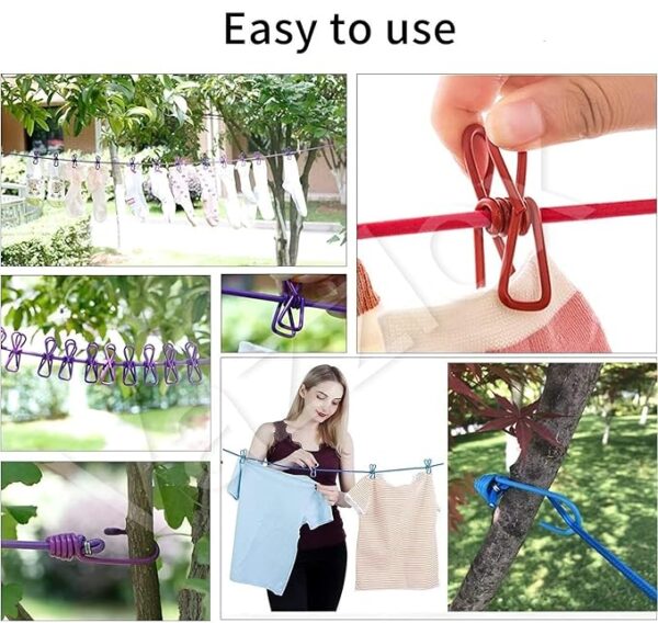 Cloth Drying Rope with Two Sided Hooks, Elastic 12 Clips Cloth Hanging Rope Non-Slip Clotheslines for Outdoor Indoor Travel Laundry Drying Hanging Clothes (Pack of 2) - Image 8